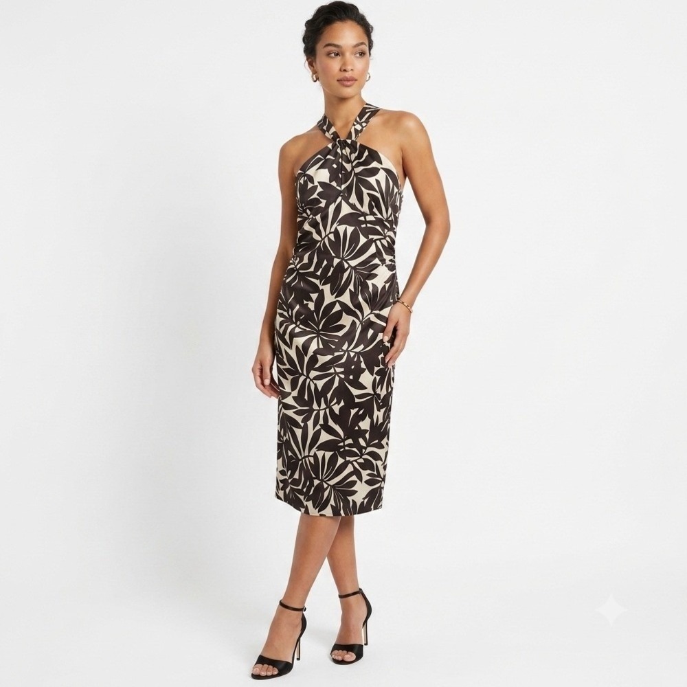 Donna Ricco Halter Dress Womens 8 Champagne Brown Tropical Leaf Sheath Midi NWT